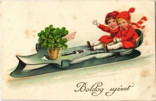1929 Boldog Újévet! / New Year greeting art postcard with children. EAS 5537. (fl)