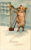 1927 Boldog Újévet! / New Year greeting art postcard, pig with harp. SB. 7266. (EK)