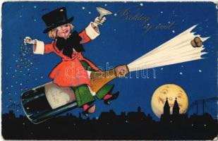 1933 Boldog Újévet! / New Year greeting art postcard, champagne, Moon. Meissner & Buch Nr. 3017. (EK)