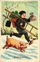 1937 Boldog Újévet! / New Year greeting art postcard, chimney sweeper with pig, ladder and clover. Stepa 139. (EB)