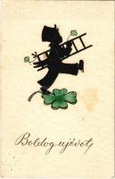 1938 Boldog Újévet! / New Year greeting silhouette art postcard, chimney sweeper with ladder and clover. HR. Co. 8139. (fl)