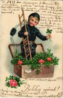 1934 Boldog Újévet! / New Year greeting art postcard, chimney sweeper with ladder, mushroom and clover. L&P 2935. (EB)