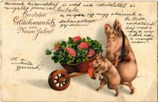 1938 Herzlichen Glückwunsch zum Neuen Jahre! / New Year greeting art postcard, pigs with clovers. L&P 1925. (EB)