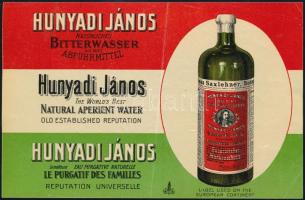 1897 Saxlehner András-féle Hunyad János természetes keserűvíz angol, német francia nyelvű reklámnyomtatványa, a hátoldalán ceruzás feljegyzéssel, 10x16 cm