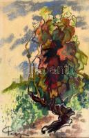 Pap Gyula (1899-1983): Göcsörtös fa. Pasztell, papír, jelzett. Üvegezett fa keretben. 40x29 cm