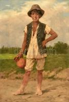 Vastagh György (1834-1922): Fiú korsóval. Olaj, vászon, jelzett, dublírozott. Kissé sérült fa keretben. 65x44,5 cm