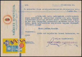 1945 A Müller Testvérek Vegyészeti Gyár Rt. dekoratív magyar címeres levélpapírján felmondás egy alkalmazottnak, mivel a háborús károk miatt a gyár működését csak minimális mértékben tudja folytatni, 1945. márciusi dátummal, gyártörténeti érdeksség