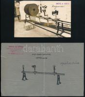 cca 1920-1930 Marx és Mérei Hagyományos Elektromos Műszerek és Feszmérők Gyára Fotométer-padjának fotója (fotólap) és ábrája, rajtuk bélyegzésekkel, 9x14 cm, 13x20 cm