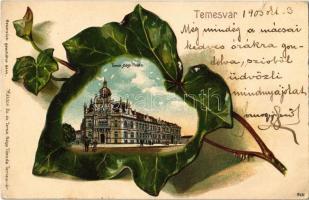 1903 Temesvár, Timisoara; Temes-Béga palota. Káldor Zs. és Társa kiadása, Szecessziós dombornyomott litho / Timis-Bega river palace. Art Nouveau, Emb. litho (szakadás / tear)