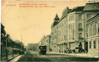 1917 Pozsony, Pressburg, Bratislava; Stefánia út, Deák szálló, villamos. W.L. Bp. 2421. / street, hotel, tram (szakadás / tear)
