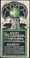 1930 Buhay Interzia Műterem art deco-s számolócédulája, színes fametszet, a hátoldalon Buhay Ferenc felvett járandóságát nyugtázó soraival, aláírással, hajtásnyommal, 14,5x7,5 cm