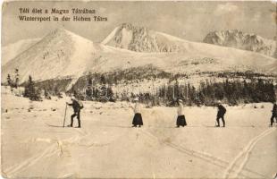 1916 Tátra, Vysoké Tatry; téli élet, sport, síelők. Dr. Guhr Mihály fölvétele / winter sport, skiing (szakadás / tear)