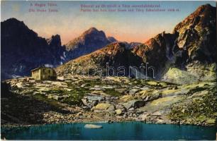 Tátra, Vysoké Tatry; Részlet az Öt-tónál a Téry menedékházzal / Fünf-See, Téry Schutzhaus / lake, rest house