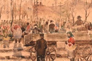 Rácz Kálmán (1908-1994): Piaci forgatag. Akvarell, papír, jelzett, autográf ajándékozási sorokkal 19...