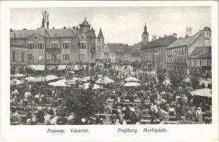 Pozsony, Pressburg, Bratislava; Vásár tér, Duna biztosító társaság, Dworak Ernő, Schick Manó, Duschinsky G. üzlete / market square, insurance company, shops
