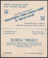 cca 1910 Korda Mihály elektro-, légszesz vállalatának reklámkartonja