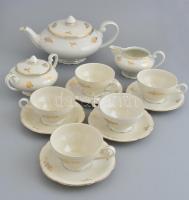 Epiag D.F. csehszlovák porcelán teás készlet, matricás, jelzett, 5 db csésze és 5 dbalj, kanna fedéllel, tej kiöntő, cukortartó fedéllel, egyik csészén és aljon repedéssel