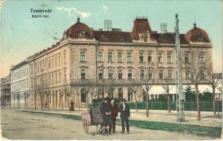 1911 Temesvár, Timisoara; Küttl tér, Kőbányai Dreher sörcsarnok, talyigás / square, beer hall, wheelbarrow