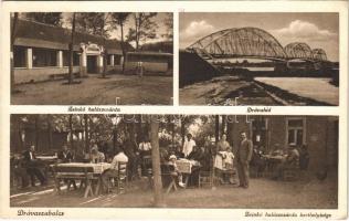 1941 Drávaszabolcs, Zsinkó halászcsárda, autóbusz, kerthelyiség vendégekkel és pincérekkel, zenekarral, Dráva híd + DRÁVASZABOLCS POSTAI ÜGYN. (EK)