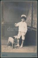 cca 1910-1920 Kis matróz kutyával, keményhátú fotó, 16,5×10,5 cm