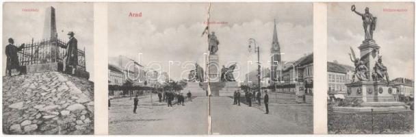 1916 Arad, Vesztőhely, Kossuth szobor és utca, Vértanú szobor. Kinyitható panorámalap / statues, square. Folding panoramacard