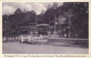 1930 Farkasgyepű, Országos Gyermekvédő Liga Dr. Vass József üdülőtelep és erdei iskola, bejárat, gyerekek csoportja