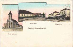 1914 Füzesabony, Római katolikus templom, Községháza, Pályaudvar, vasútállomás + "KASSA - BUDAPEST 10 B" vasúti mozgóposta bélyegző