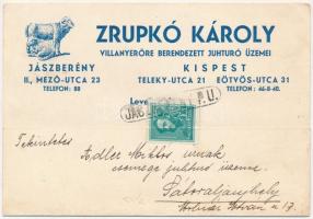 1936 Jászberény, Zrupkó Károly villanyerőre berendezett juhtúró üzemei reklámlapja (Jászberény-Kispest) + JÁSZBERÉNY P.U. (EK)