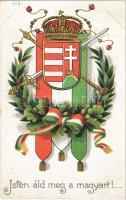 1921 Isten áld meg a magyart!... Magyar címeres és zászlós hazafias propaganda / Hungarian coat of arms and flag, patriotic propaganda