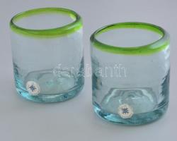 Zöld peremű üveg kínálók, szakított, 8,5x8 cmx2