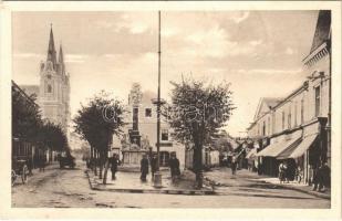 Komárom, Komárnó; Klapka tér, Nádor utca, templom, Szentháromság szobor, Kovacsics Ernő üzlete / square, street, church, trinity statue, shops