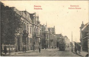 1908 Pozsony, Pressburg, Bratislava; Stefánia út, villamos / street, tram