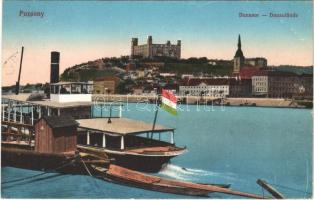 1915 Pozsony, Pressburg, Bratislava; vár, ingahajó magyar zászlóval. Vasúti levelezőlapárusítás 1915 / castle, steamship with Hungarian flag