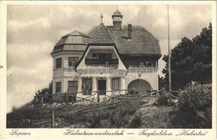 1932 Sopron, Hubertusz vadászlak. Lobenwein Harald fotóműterme kiadása + HEGYESHALOM - BUDAPEST 14 A vasúti mozgóposta bélyegző