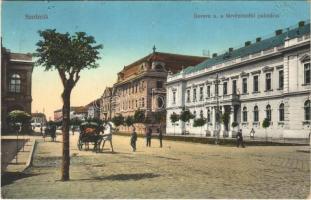 1915 Szolnok, Gorove utca, Törvényszéki palota + TÖVIS - ARAD - BUDAPEST 5 E vasúti mozgóposta bélyegző