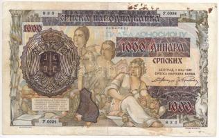 Szerbia / Német megszállás 1941. 1000D 500D-os bankjegyre nyomva T:III  Serbia / German occupation 1941. 1000 Dinara printed on 500 Dinara banknote C:F