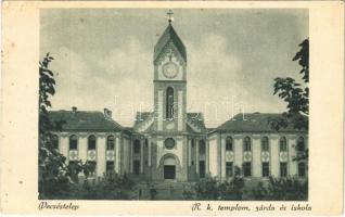 1929 Vecsés, Római katolikus templom, zárda és iskola + BUDAPEST - DEBRECZEN - CSAP 19 D vasúti mozgóposta bélyegző (EK)
