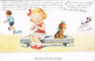 1932 Szívfájdalom / Children art postcard, heartbreak. WSSB 8457. s: John Wills + NAGYKANIZSA - ÚJDOMBÓVÁR 44 vasúti mozgóposta bélyegző