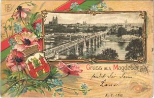 1901 Magdeburg, Gruss aus... Brücke / bridge. Art Nouveau, Emb. coat of arms, floral, litho (EK)