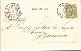 1902 Tarcsa, Tarcsafürdő, Bad Tatzmannsdorf; Gyógyudvar. Szecessziós litho keret lóherével / spa, ba...