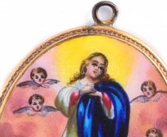 Szűz Mária Mariazell porcelán medál arany(Au) 14K kerettel, jelzés nélkül, 4×3 cm, bruttó: 10,97 g