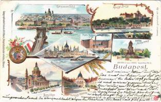 Budapest, Bazilika, Parlament, Pesti Viktória gőzmalom, Királyi vár, Deák szobor, Gödöllői kastély. Zászlós és címeres díszes lap. Geographische Postkarte v. Wilhelm Knorr No. 20. Art Nouveau, floral litho (EK)
