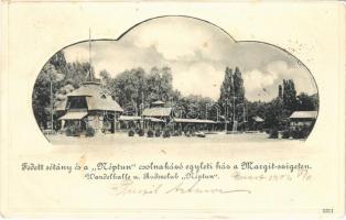 1902 Budapest XIII. Fedett sétány és a Neptun csolnakázó egyleti ház a Margit szigeten (szakadás / tear)