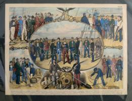 1785 Tengeri nagyhatalmak hadihajós egyenruháit ábrázoló színezett fametszet, paszpartuban, 33x25 cm / 1785 Maritime forces uniforms, colored woodcut