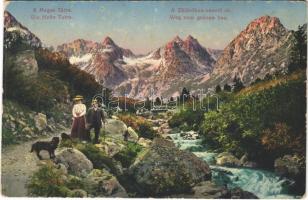 Tátra, Magas-Tátra, Vysoké Tatry; A Zöld-tóhoz vezető út / Weg zum grünen See / road to the lake, couple with dog (fl)