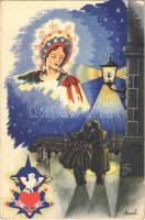 Második világháborús irredenta üdvözlő katonával / WWII Hungarian irredenta greeting art postcard s: Bozó