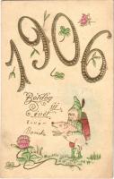 1906 Boldog új évet! Dombornyomott törpe és malac / New Year greeting, dwarf, pig. Emb.