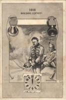 1916 Boldog újévet! Magyar katonai szecessziós üdvözlő / WWI K.u.K. military New Year greeting. Art Nouveau s: Bortnyik S. (Rb)