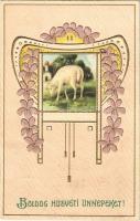1909 Boldog Húsvéti Ünnepeket! Szecessziós dombornyomott / Art Nouveau Easter greeting, Emb. floral, litho
