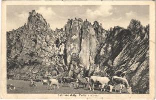 Szulyó-völgy, Szulyó-hegység, Súlovské údolie, Súlovské vrchy (Vágvölgy, Povazie); Sulovské skály, Partie u mlyna / Szúlyói-sziklák, részlet a malomnál / mountain, cattle (Rb)